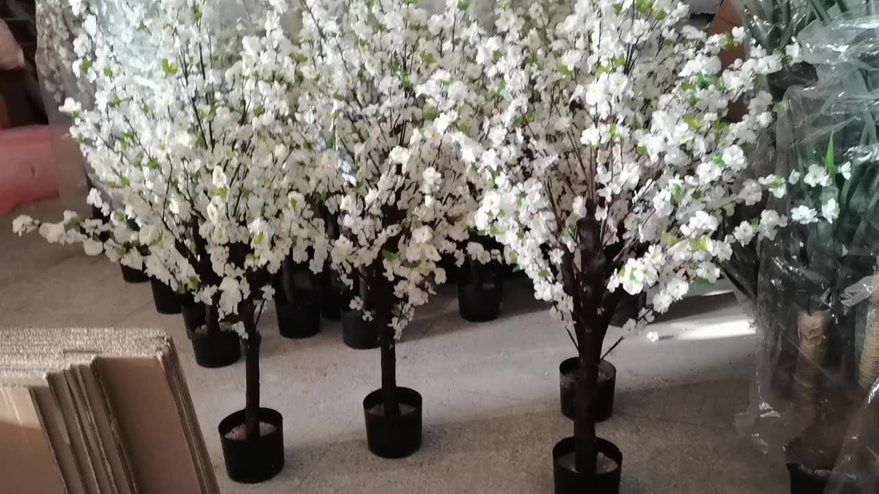 Large Plastic Artificial Cherry Blossom Plant White And Pink Flowers