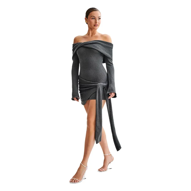 2025 New European and American Cross-border Sweater Dress Women's Sexy Off-Shoulder Long-Sleeved Tie-Band Knitted Dress Short Skirt Women 