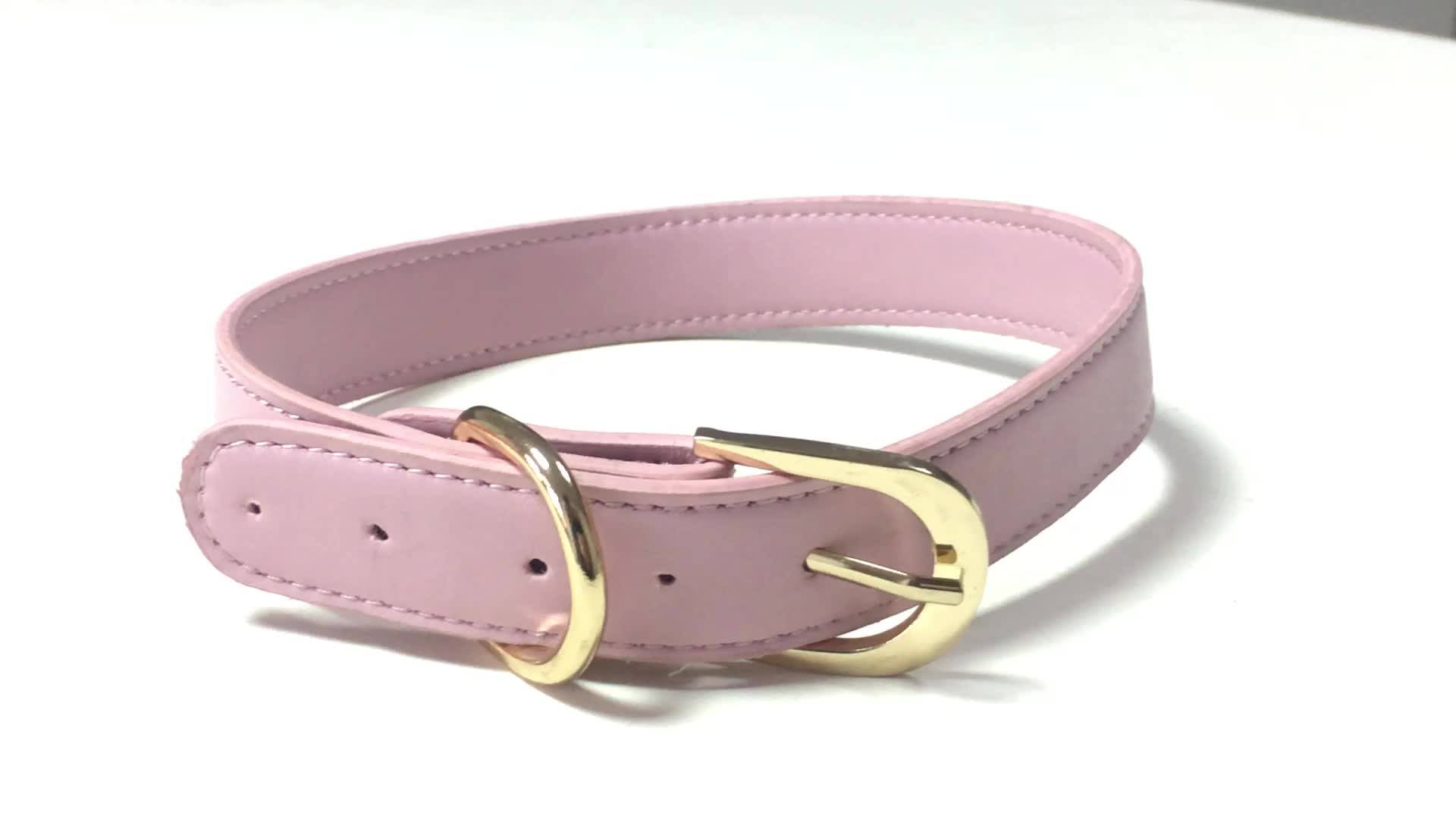 Custom Soft Pink Leather Dog Collar,Adjustable Golden Metal Clip For