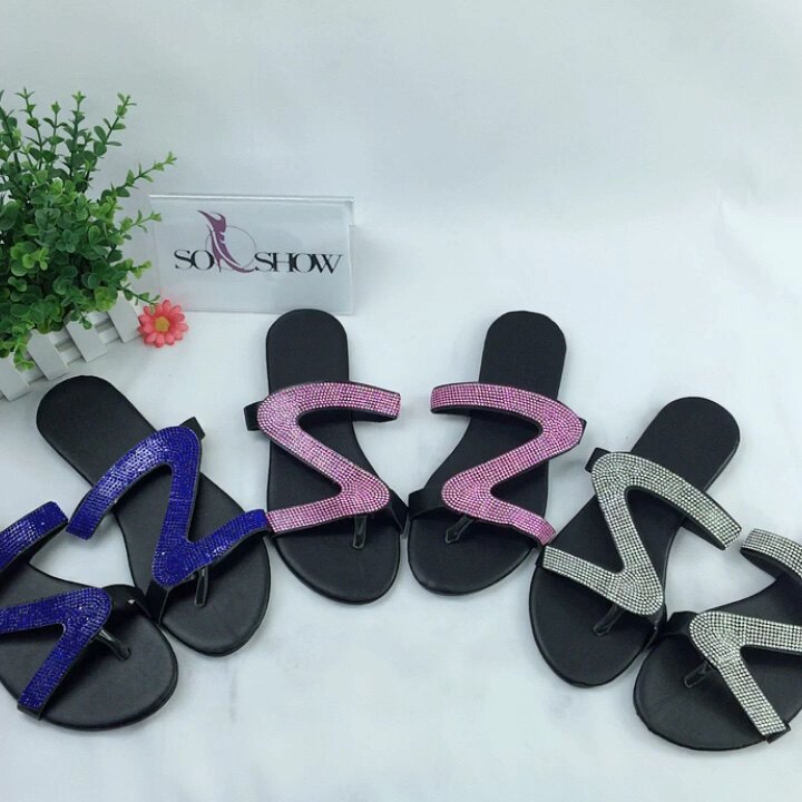 Fashion Shining Diamond Flat Slippers For Women Rhinestone Slippers