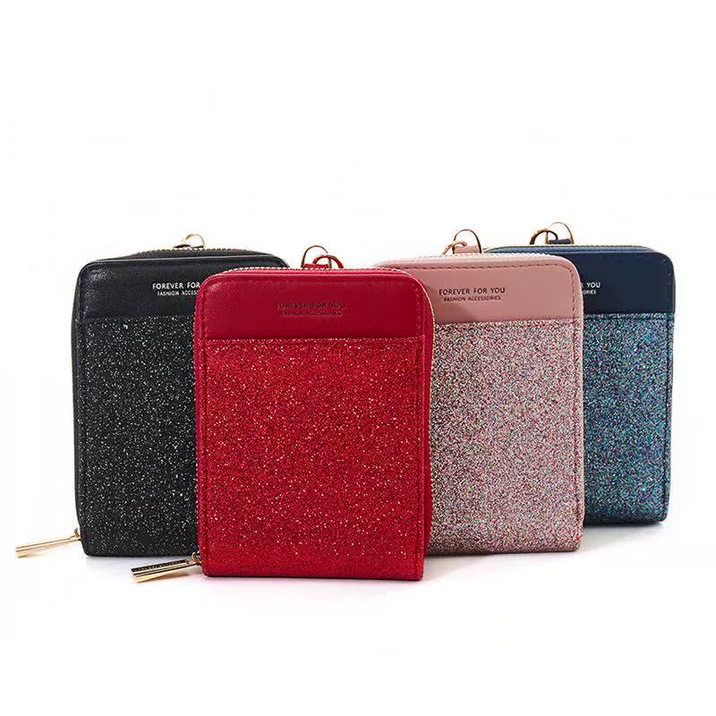 Simple Style Glitter Slim Card Holder Coin Purse With Keychain Neck