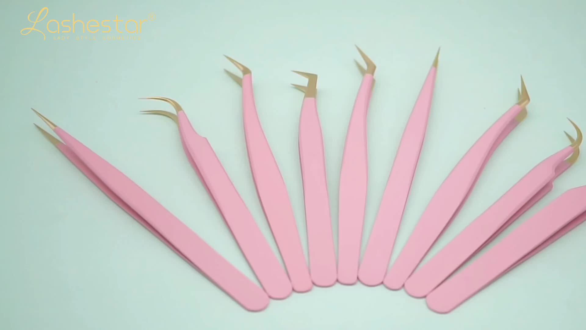 Free Sample Pink Fiber Tip Eyelash Tweezers Set Stainless Steel 45 75