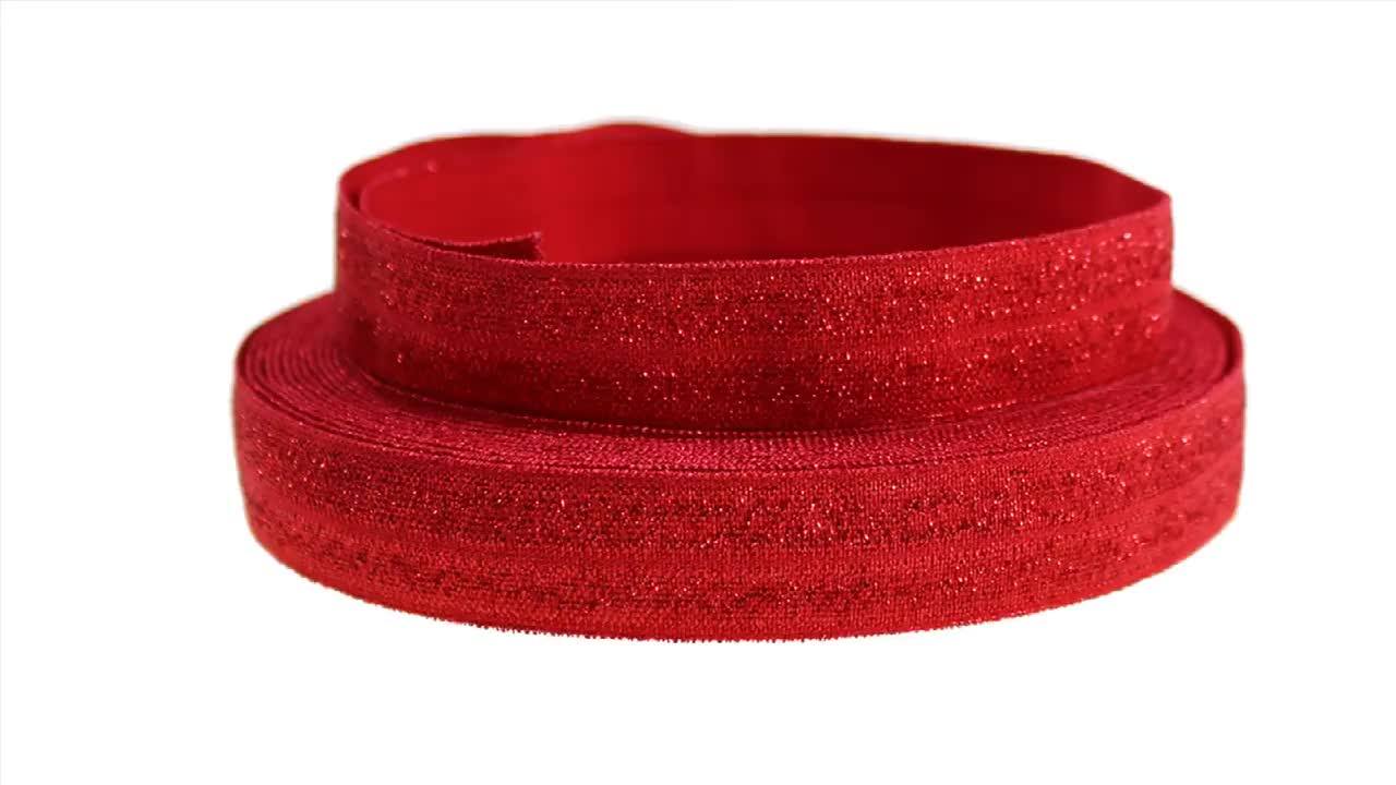 5/8 Inch Shiny Metallic Glitter Design Red Fold Over Elastic Ribbon
