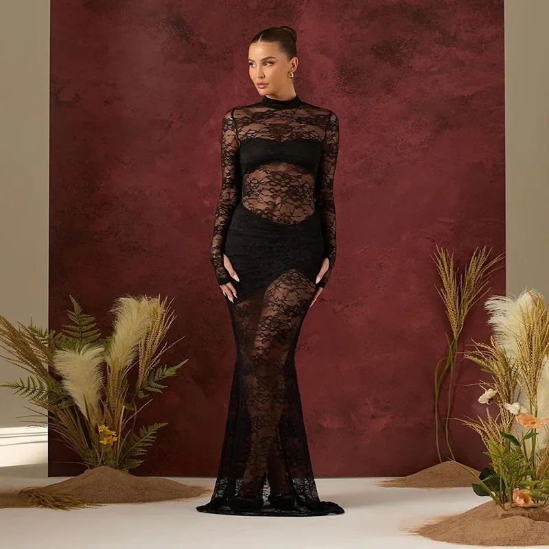 Cross-border New Sexy Spice Girl Style Jacquard Lace Perspective dress European and American Half-high Neck Slim-fit Long-sleeved Hip Skirt