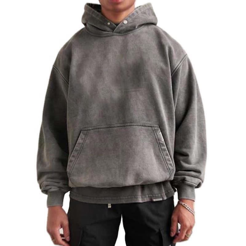 Qianshi Washed Snap Button Hoodies With No String Acid Wash Baggy