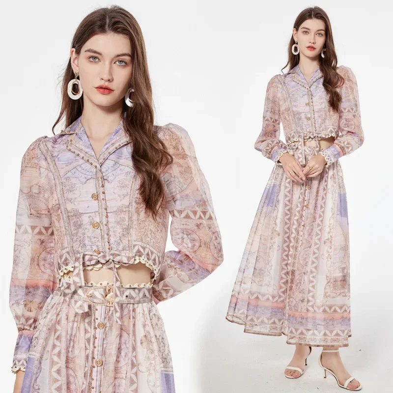 Cross-border Foreign Trade Australia Design Sense Heavy Industry Light Luxury Beaded Two-piece Suit Collar Lace Short Top Long Skirt