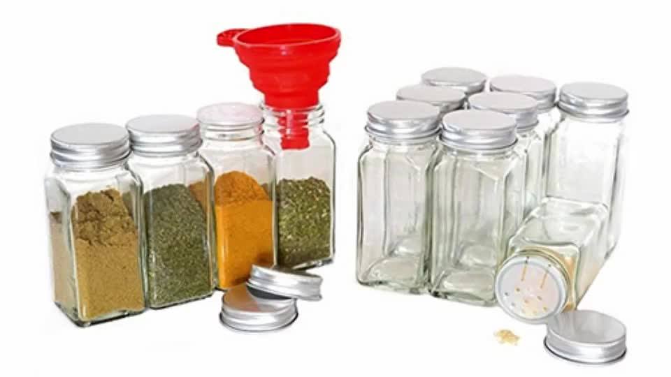 Square Glass Spice Bottles 4oz Spice Glass Jar With Silver Metal Lids