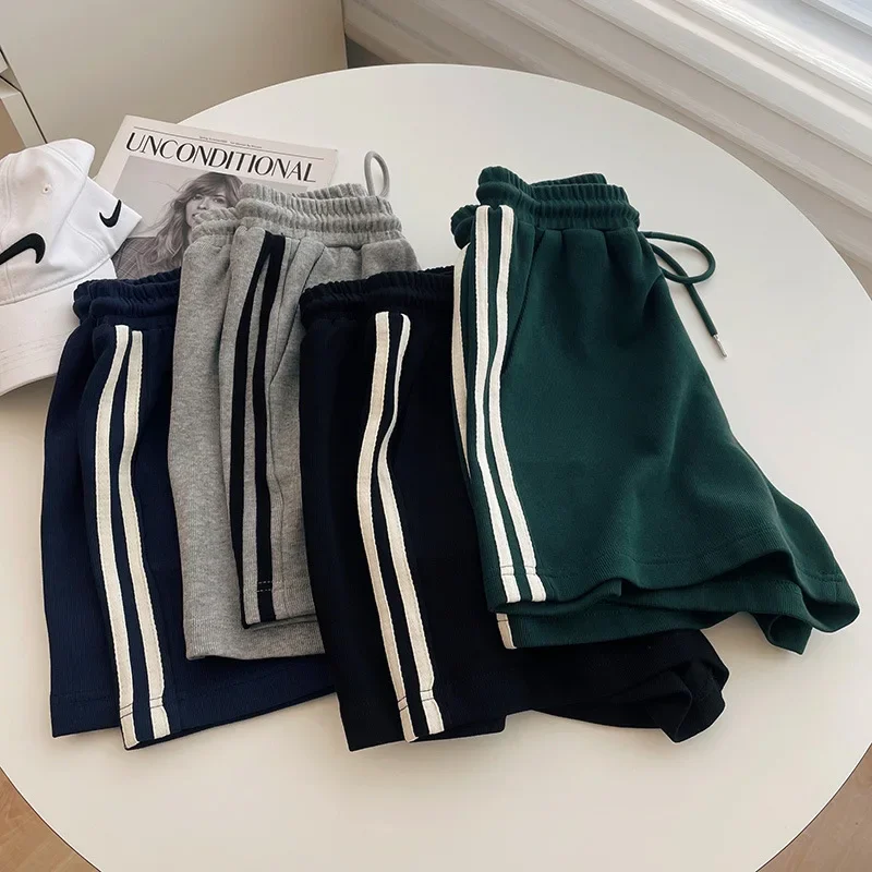 High-Waisted Slimming Sports Casual Shorts for Women, 2026 Summer New Korean Style Striped Wide-Leg Straight Five-Point Pants Trendy