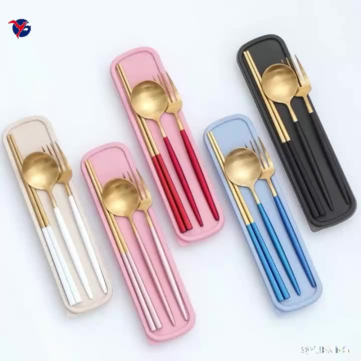 New Korean Gold Plated Chopstick And Spoon Fork Travel Set With Box