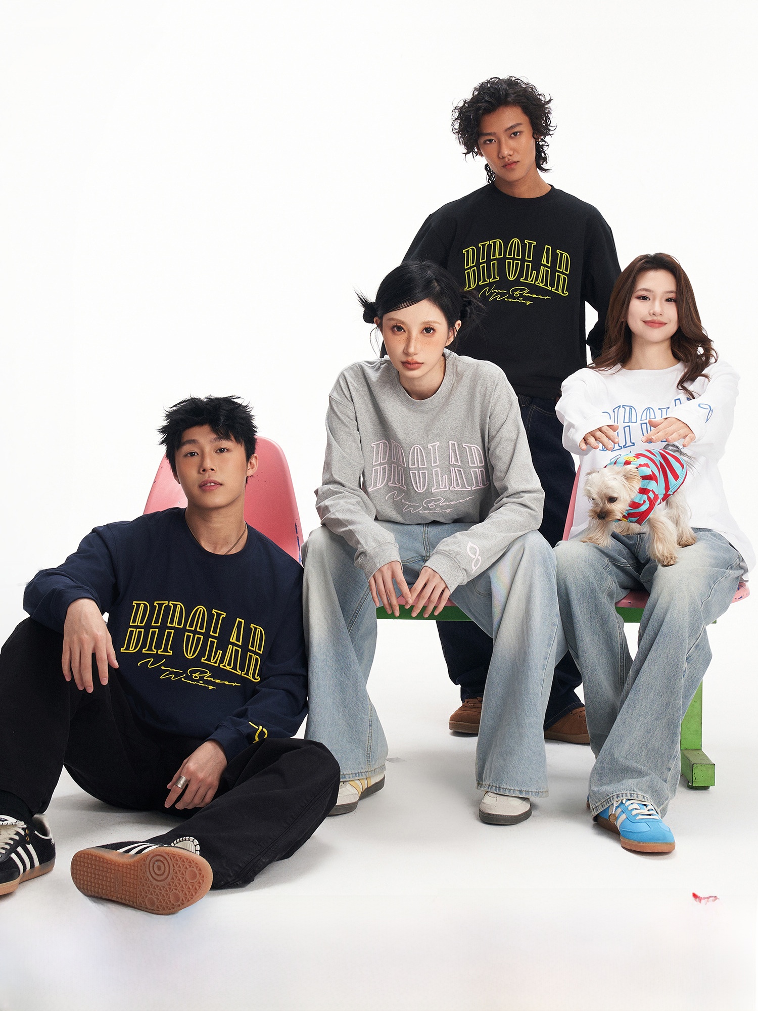 BIPOLAR断开字基础款刺绣长袖T恤春秋新款休闲百搭风打底上衣