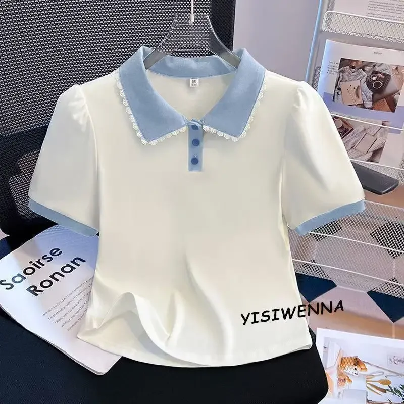 Plus-Size Regular Shoulder Short-Sleeve T-Shirt for Women, Summer 2025 New Style, Fake Two-Piece Doll Collar Top, Trendy