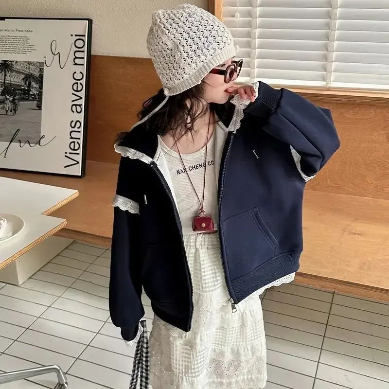 Women's Treasure Korean-style Lace Top Big Children's Spring New Solid Color Fashion Stylish Hooded Long-sleeved Cardigan Trendy