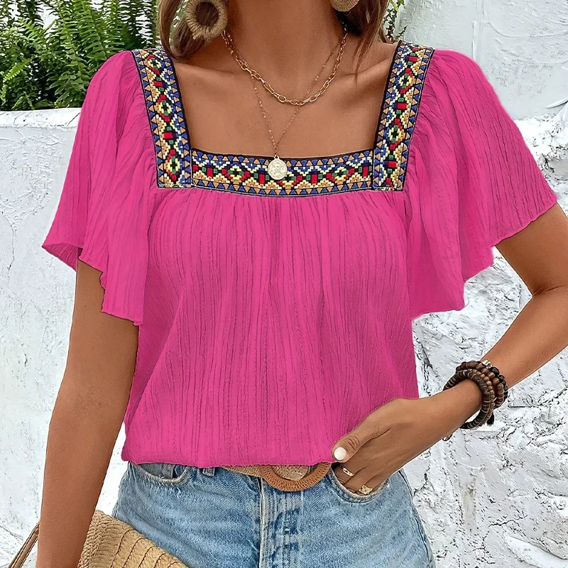 International Trade Cross-Border Summer Vacation Floral Edge Embroidered Square Collar Turtleneck Top Sleeveless Backless Hem Dress for Women