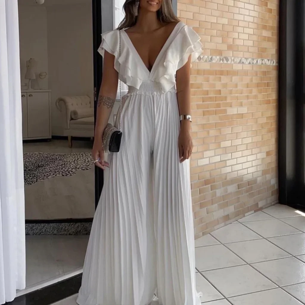 C8574 Cross-border Women's 2024 New Deep V-neck High Waist Sexy Ruffled Wide Leg European and American-style Pants