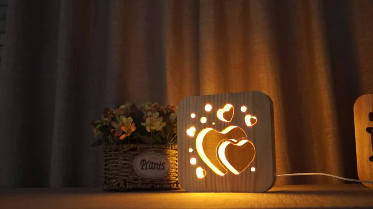 Hollow Wood Lamp With Heart Design Led Lights Valentine's Day Gift For