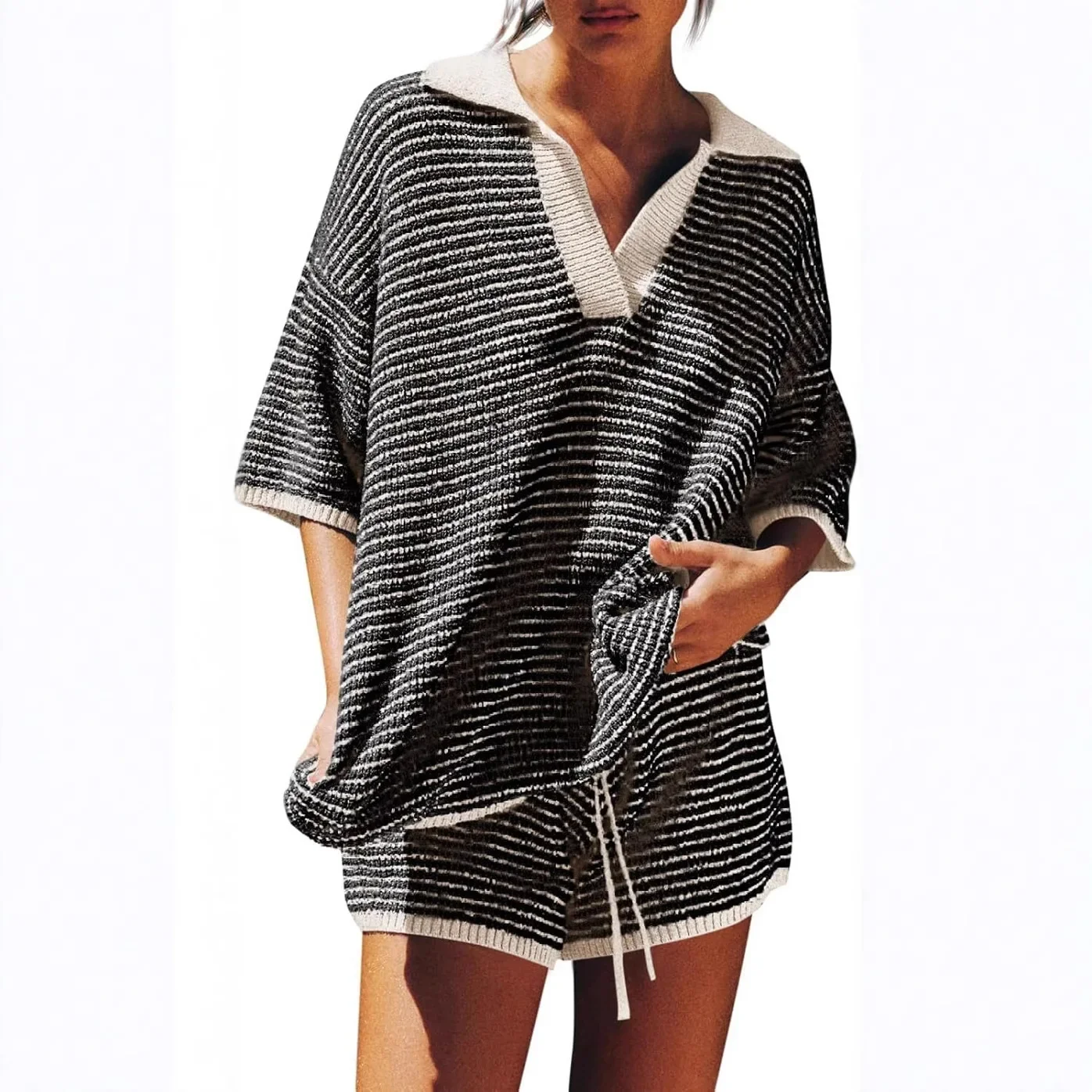 Women's Sweater Home Clothes Two-Piece Set Large Plate Mid-Sleeve V-Neck Striped Knitted Top High Waist Shorts Casual suit