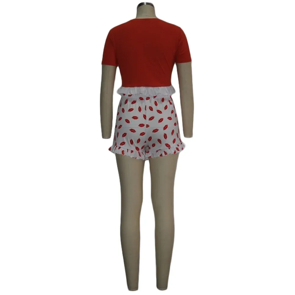 Cross-border Explosions 2020 Summer Women's New Color-matching Short-sleeved Slim-fit Lace T-shirt Casual Printed Shorts suit