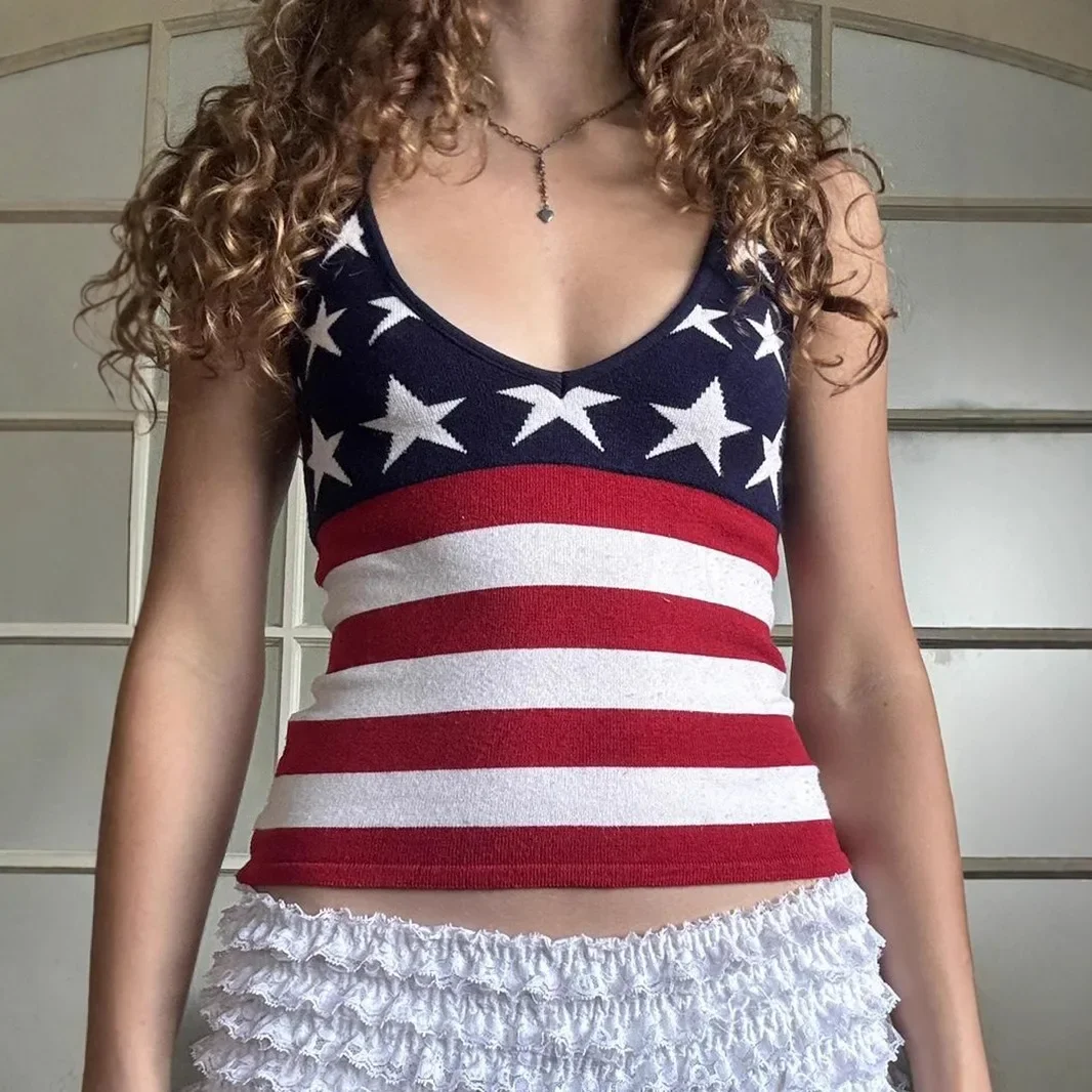 Hegel American Street Star Stripe Color-block V-neck Wool Vest Spice Girls Backless Tight Top