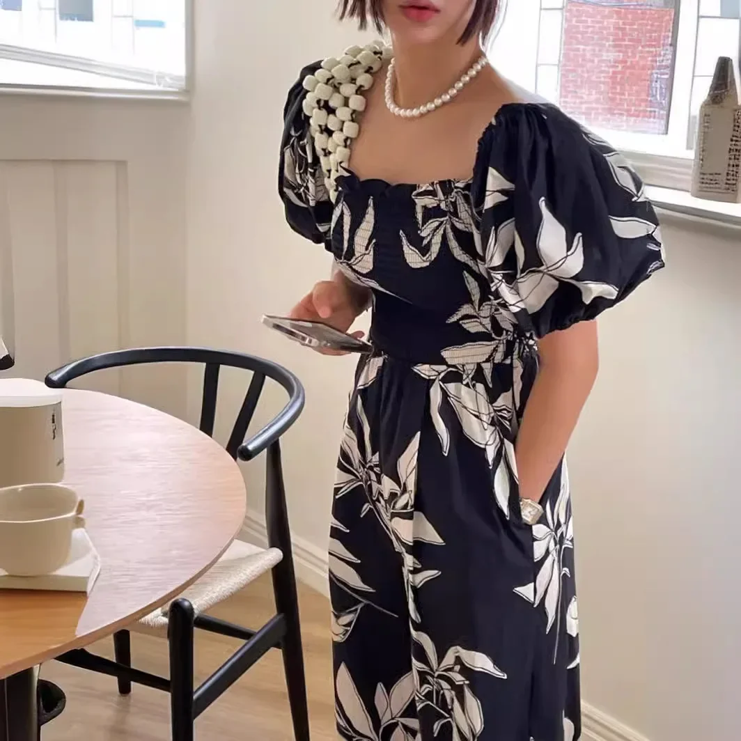 All-Match Leaf-Print Puff-Sleeve One-Neck Pants