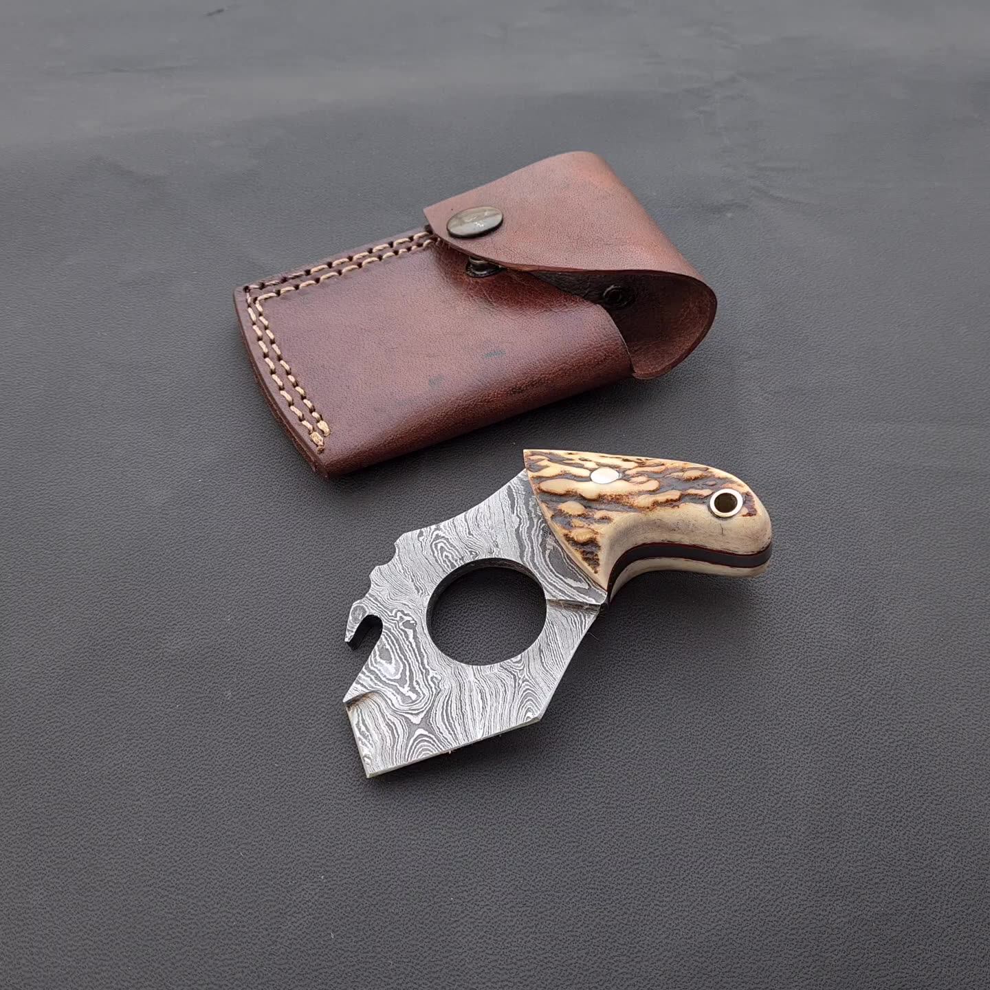 Twist Damascus Everyday Carry Pocket Defender Aka Bottle Opener & Skinner Stag Horn Handle Hand