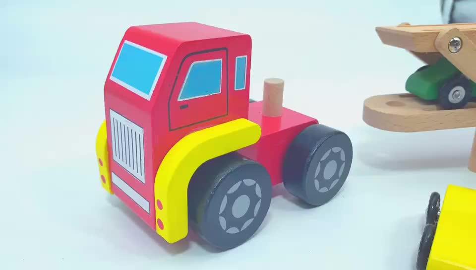 Wooden Red Double Decker Toystruck Set With 4 Mini Cars Carrier Trailer
