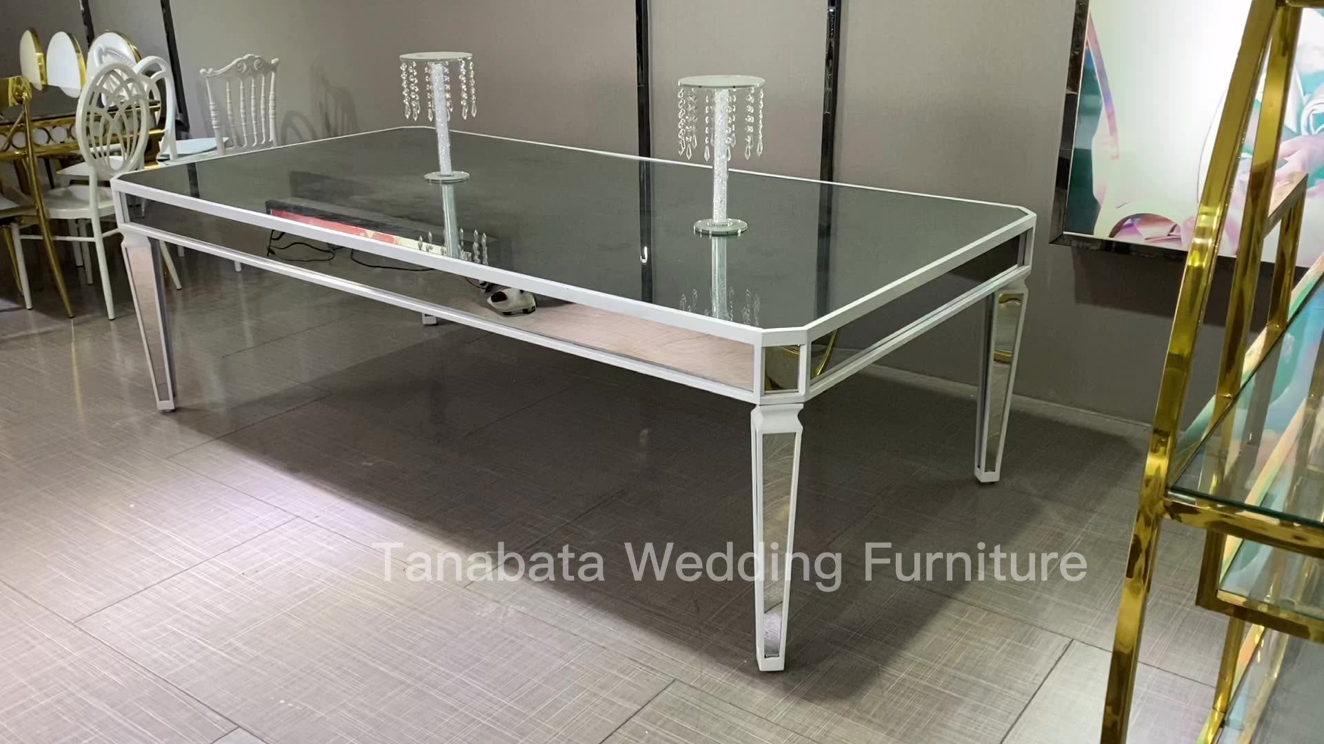 Luxury Rectangle Silver Stainless Steel Mirror Glass Top Wedding Dining