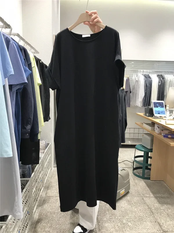 Women's Loose Medium-Length Knee-Length Lazy Cotton Dress with Short Sleeve T-shirt - New Arrival 2025 Summer from Dongdaemun, Korea