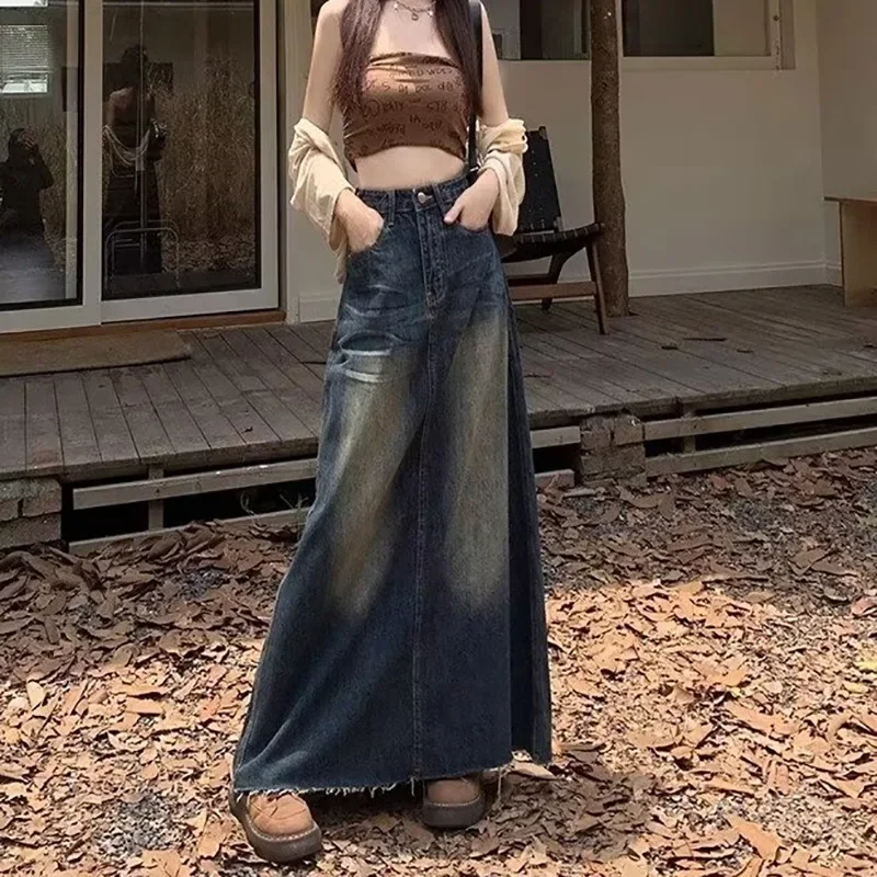 Old Washed Denim Half-Body Skirt for Women, Spring and Autumn Season, Hot Girl Retro Straight A-Line Design Slimming Long Skirt 2407