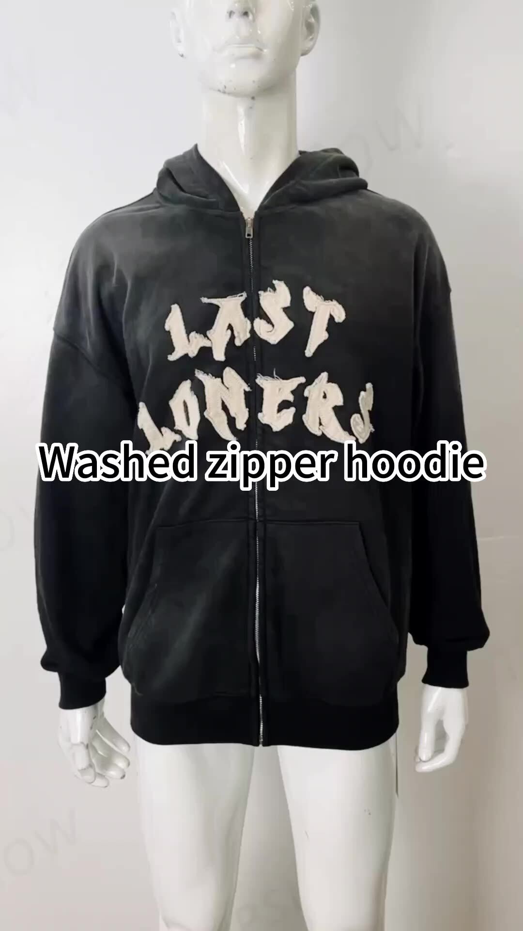 Custom Vintage Oversized Terry Men Acid Wash Cropped Hoodie Men Distressed Applique Patched Cut