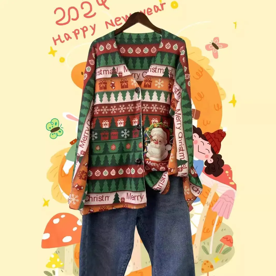 plus size Ugly Christmas Sweater Women's V-neck Buckle Fun Pattern Animal Snowman Reindeer Print Cardigan Holiday