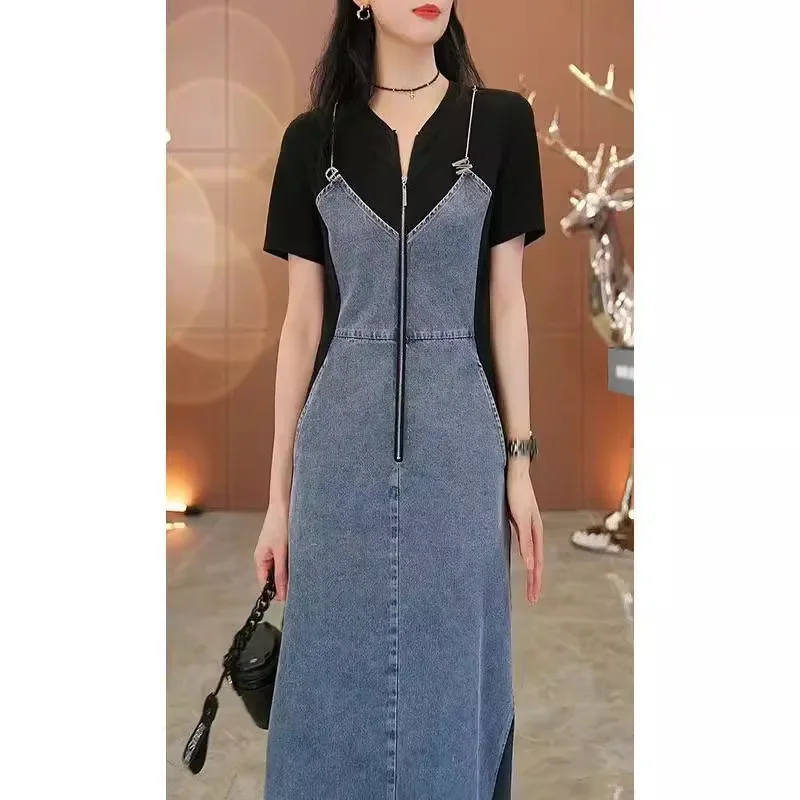 2024 summer chain stitching thin plus size Denim dress women's color matching zipper waist slimming dress