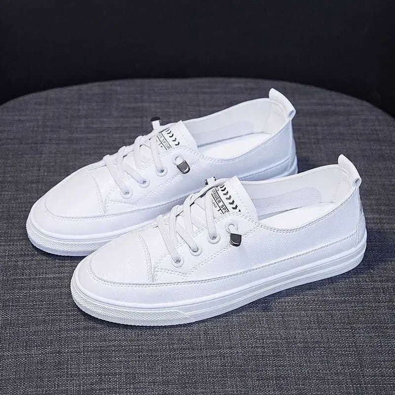 2024 Spring New Style Low-Top White Leather Sneakers for Girls and Boys, Flat Slip-On, Versatile Sporty Korean Version Student Shoes