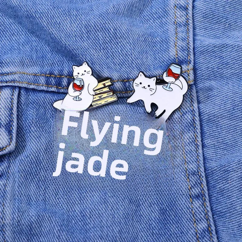 Super Cute Cat Cartoon Badge Personality Cool White Kitten Drink Red Wine Accessories Enamel Brooch