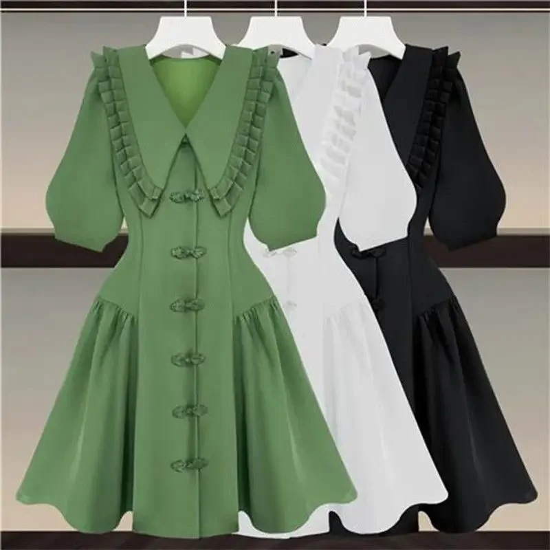 Large Size Women's Clothing 2022 Summer New Chanel Style Elegant Doll Collar Waist Slimming Suit Dress