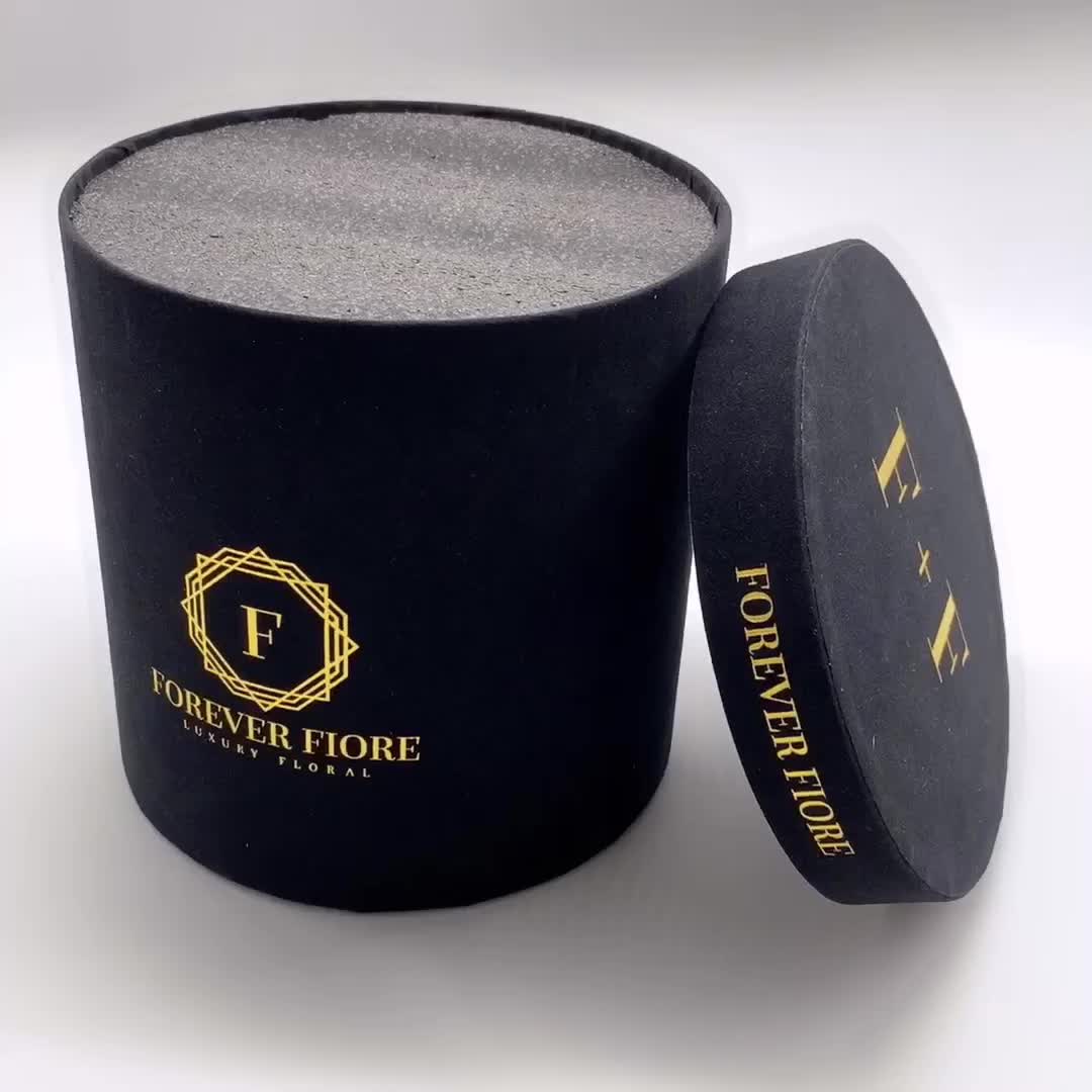 Custom Black Flower Velvet Paper Box Luxury Round Cylin ...