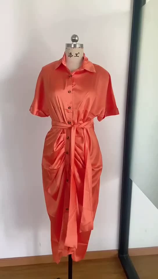 2021 New summer Office lady maxi long dresses satin fashion commuting shirtdresses solid color Casual elegant dress for women dress shops