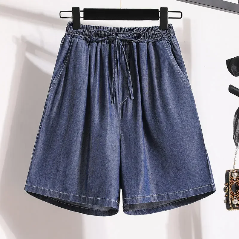 Cotton blend denim shorts for girls, summer new thin ice silk casual five-inch loose wide-leg high-waist A-line hot pants for plus size