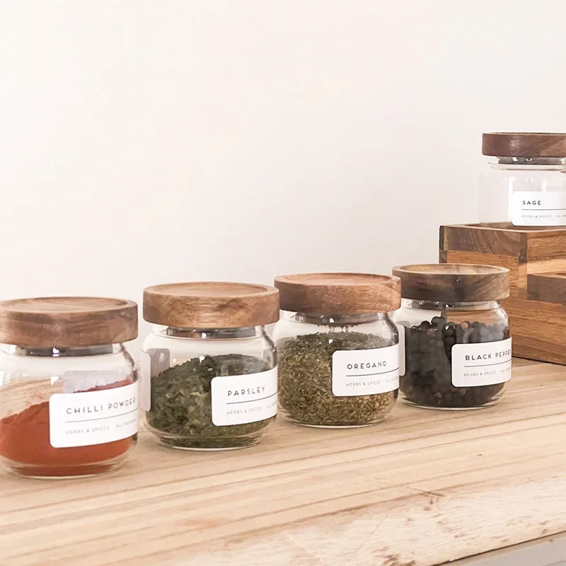 Acacia wooden lid small size borosilicate glass jar transparent sealed jar food grade household kitchen seasoning storage jar