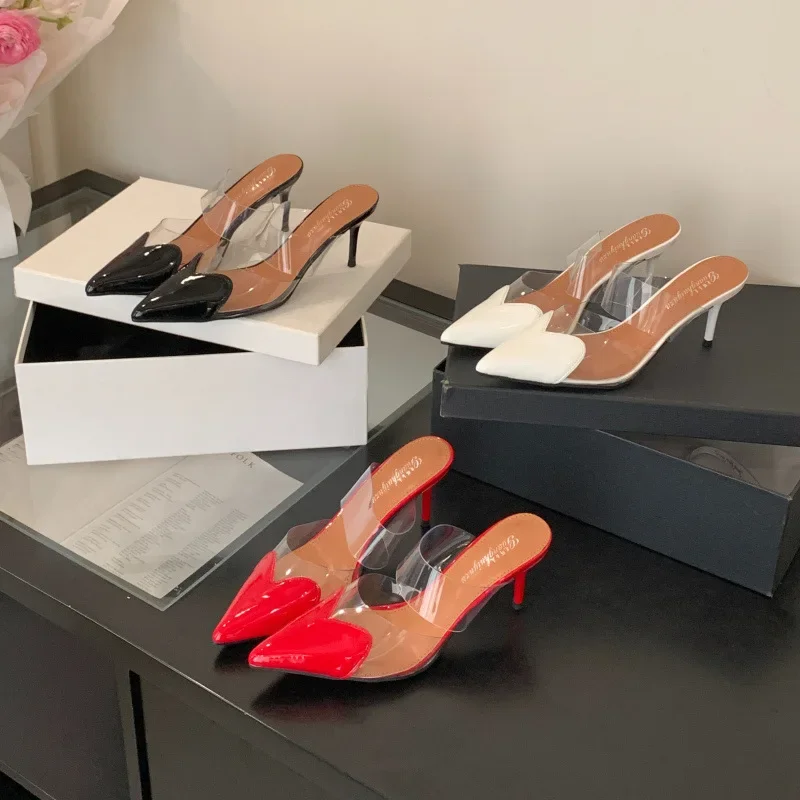 Transparent Baotou Sandals and Slippers Women's Outer Wear Stiletto Heel 2025 Spring and Summer New French Style Heart Design Pointed High Heels