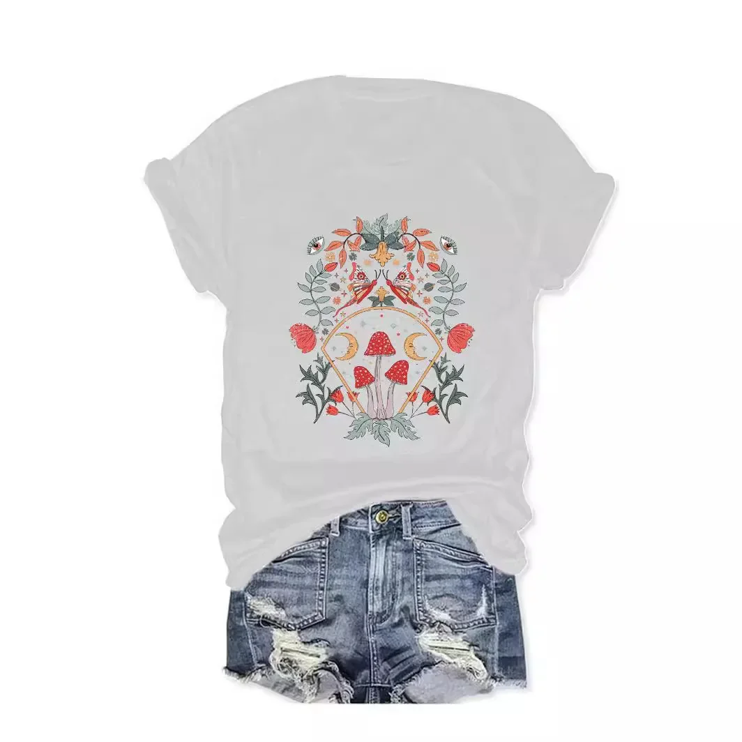 Amazon Europe and the United States summer women's plant flower pattern printing round neck short sleeve casual fashion foreign trade explosion T-shirt