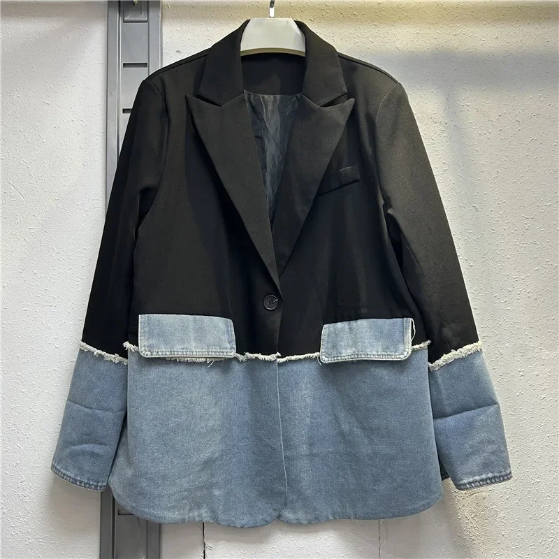 Fried Street Loose Denim Stitching Suit Jacket Women's Spring and Autumn New Design Asymmetric Elegant Color Contrast Top Trendy
