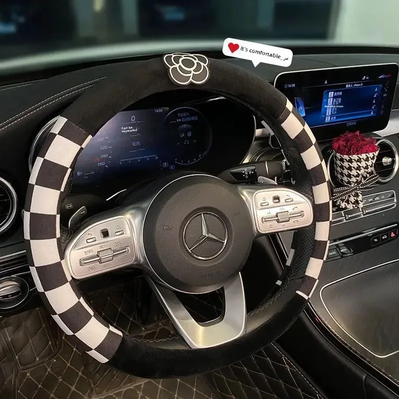 Short plush car steering wheel cover women's Internet-famous camellia flower houndstooth anti-slip autumn and winter women's steering wheel handle cover
