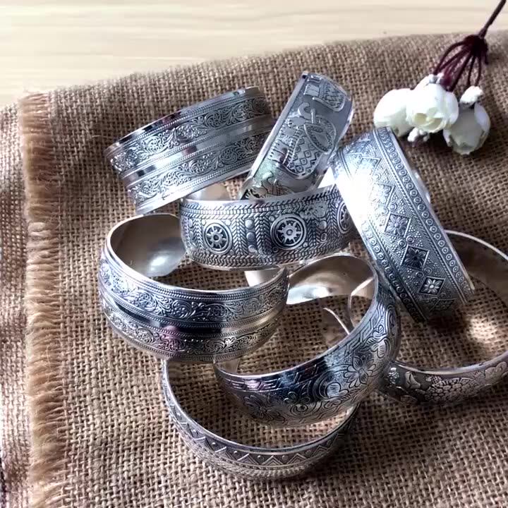 アクセサリー Tibet vintage- bangle Vintage Tibetan Silver Elephant Carved Open Bangle Cuff Wide