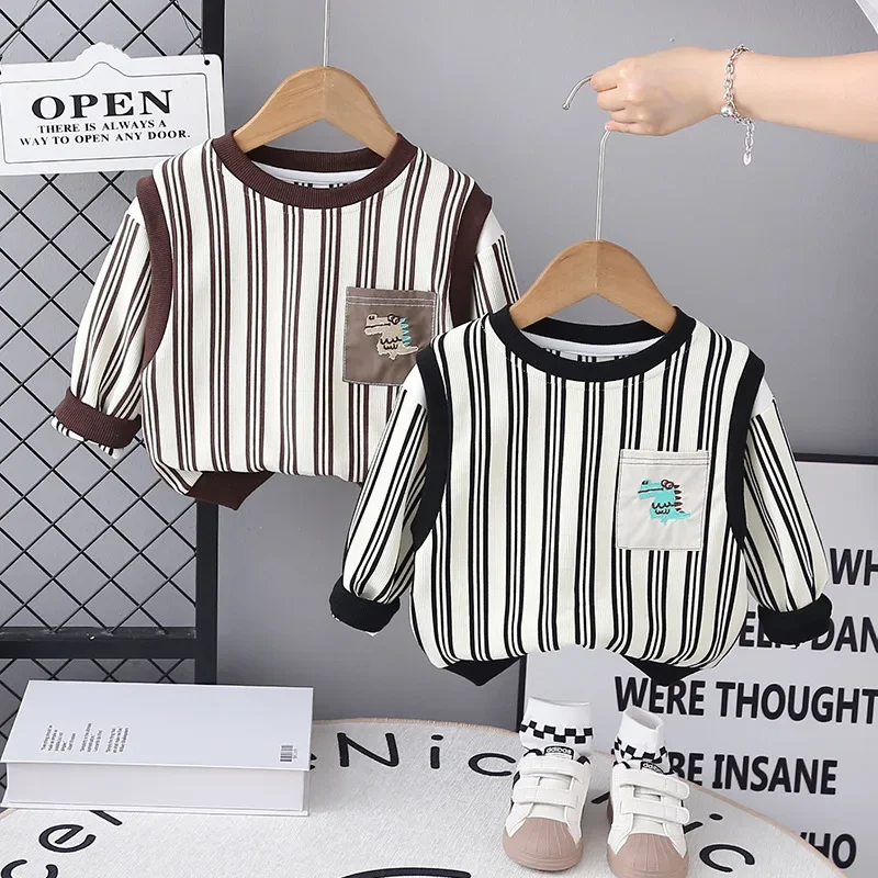 Children's Baby's Striped Color-matching Autumn Sweatshirt Children's Cartoon Trendy Internet-style Top Trendy Boys' Spring and Autumn Clothes