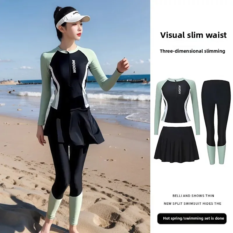 plus size Swimsuit Women's 2025 New Slight Fat Girl Sunscreen Three-piece Set Conservative Long Sleeve Trousers Snorkeling Jellyfish Clothing Hot Spring