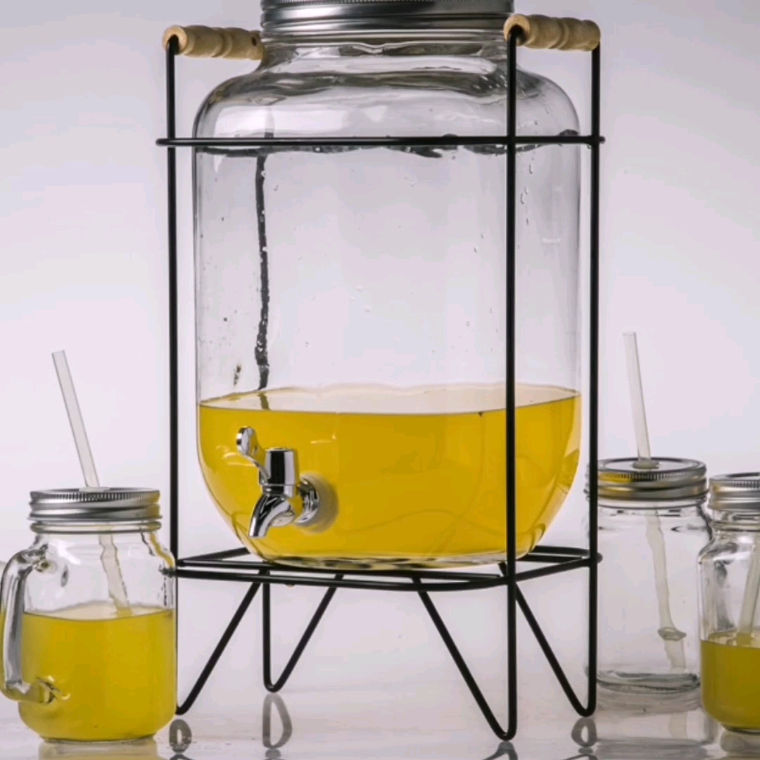 Wholesale Food Grade Clear Glass Beverage Dispenser And Glass Mason Jar With Metal Stand And Tap