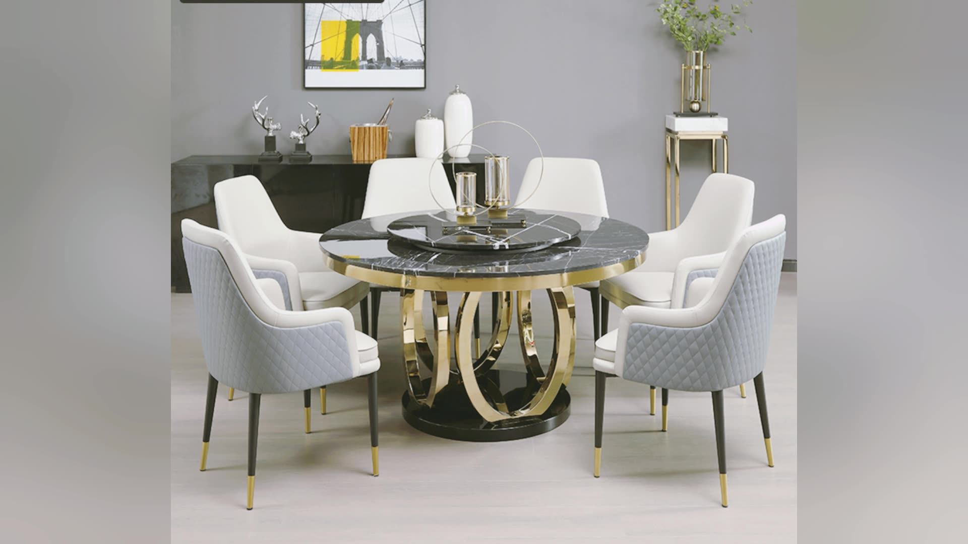 Model Tempered Marble Hideaway Dining Table And Chair Set With Metal
