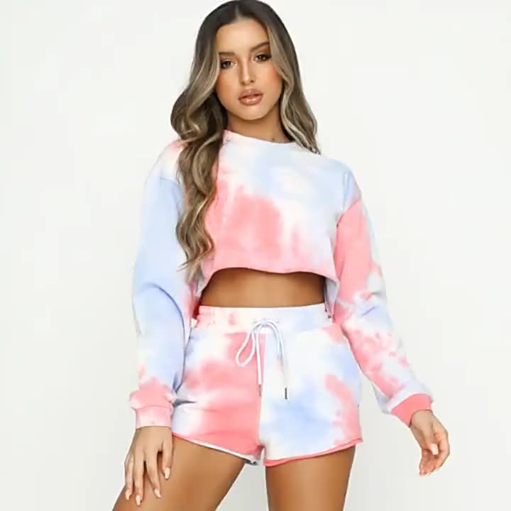 CRYYU Women 2 Pieces Outfits Self Tie Tie Dyed Crop Tops and Shorts Set CRYYU Women 2 Pieces Outfits Self Tie Tie Dyed Crop Tops and Shorts Set