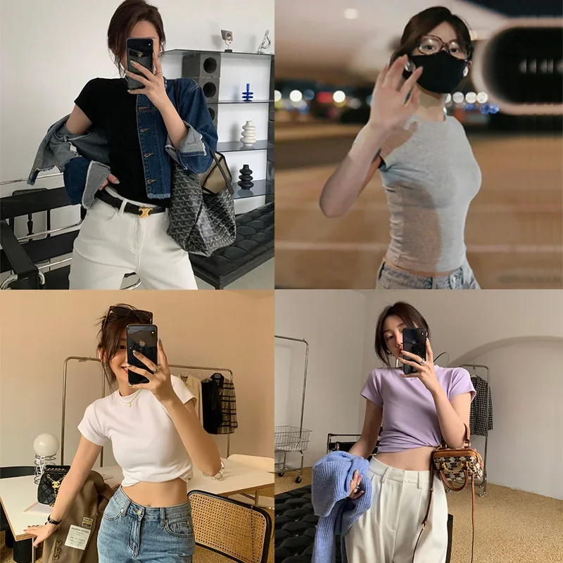 Ins Solid Color Bottoming Slim-fit Short-sleeved T-shirt Women's Trendy New Foreign Trade Cross-border Slimming Short-sleeved Jacket Women's Wholesale