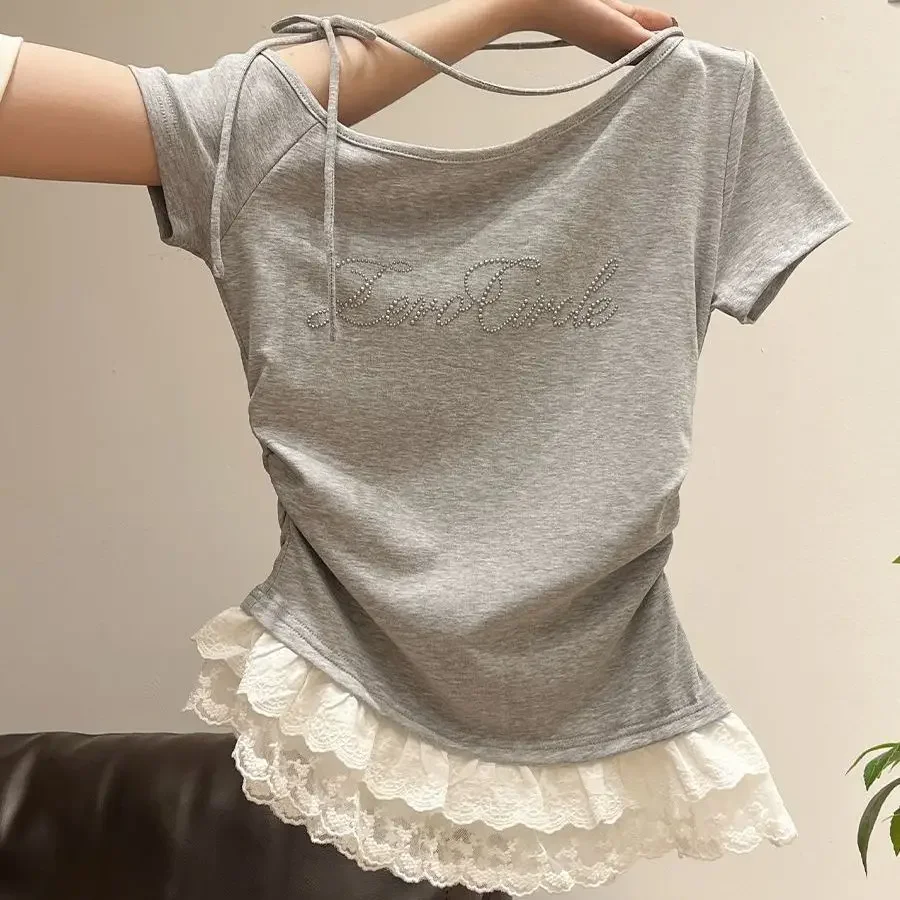 2026 Summer New Style Pure Desire Sweet and Spicy Short Lace Ruffle Letter Beaded Asymmetrical Neck Halter Top for Petite Women